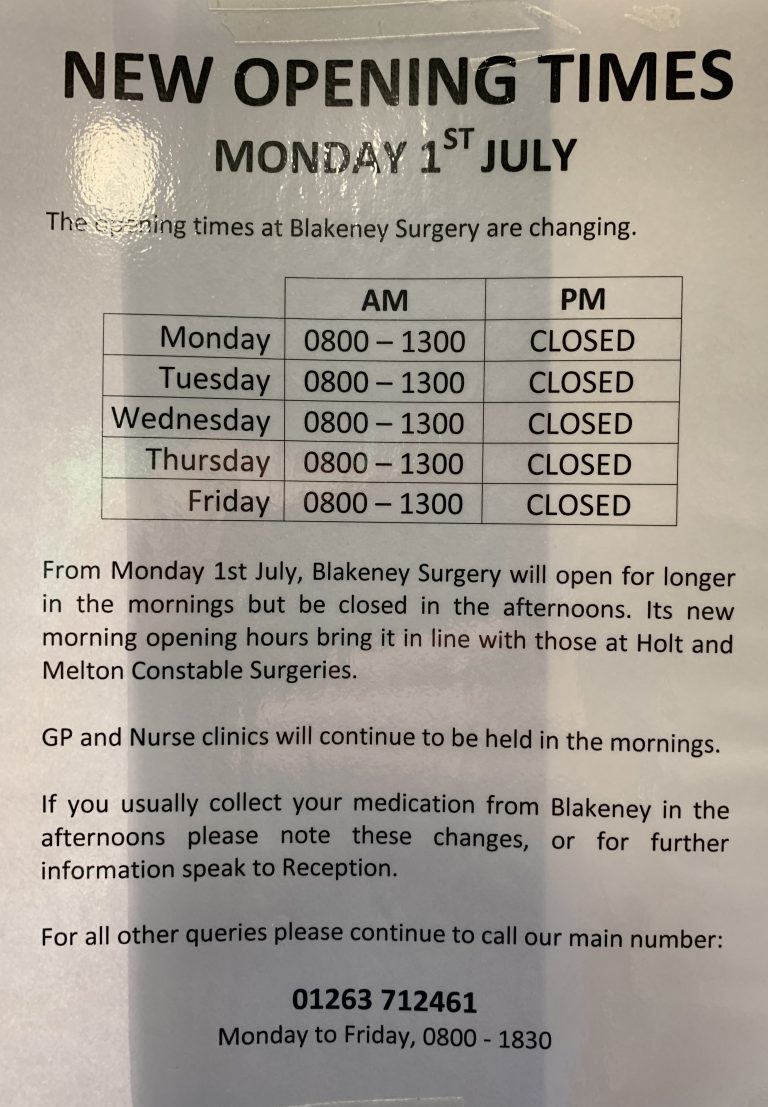 Blakeney Surgery Opening Hours